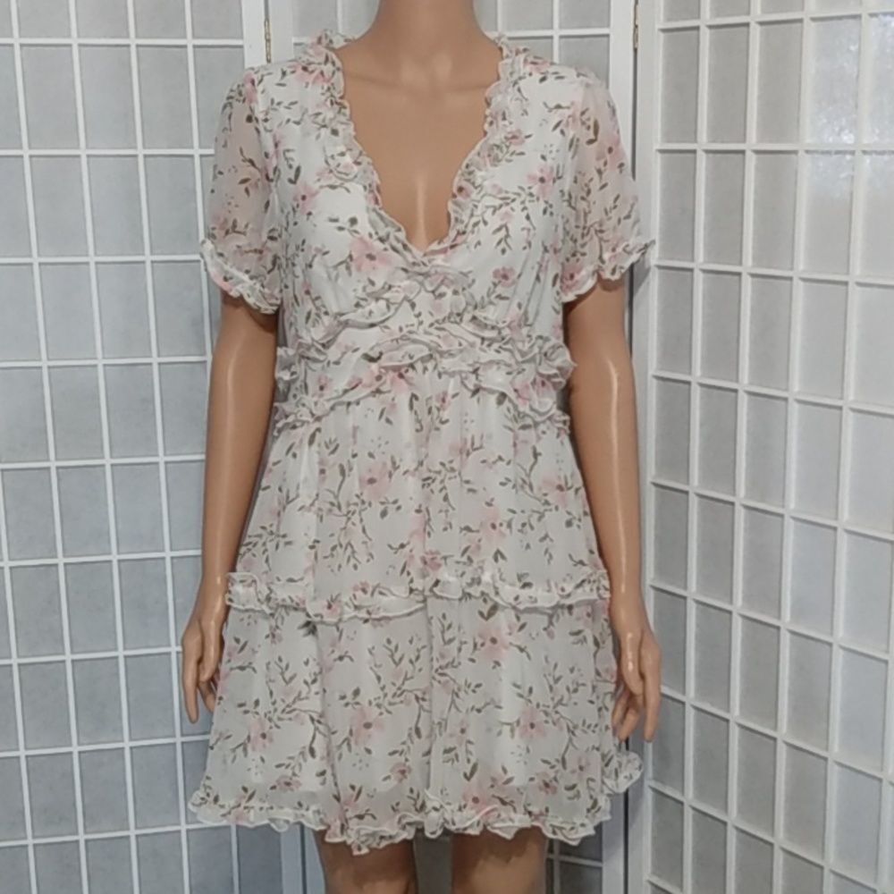 Trixxi Chiffon Dress – White/Pink Floral – Lined – NWOT‎ – Size L - Picture 2 of 15